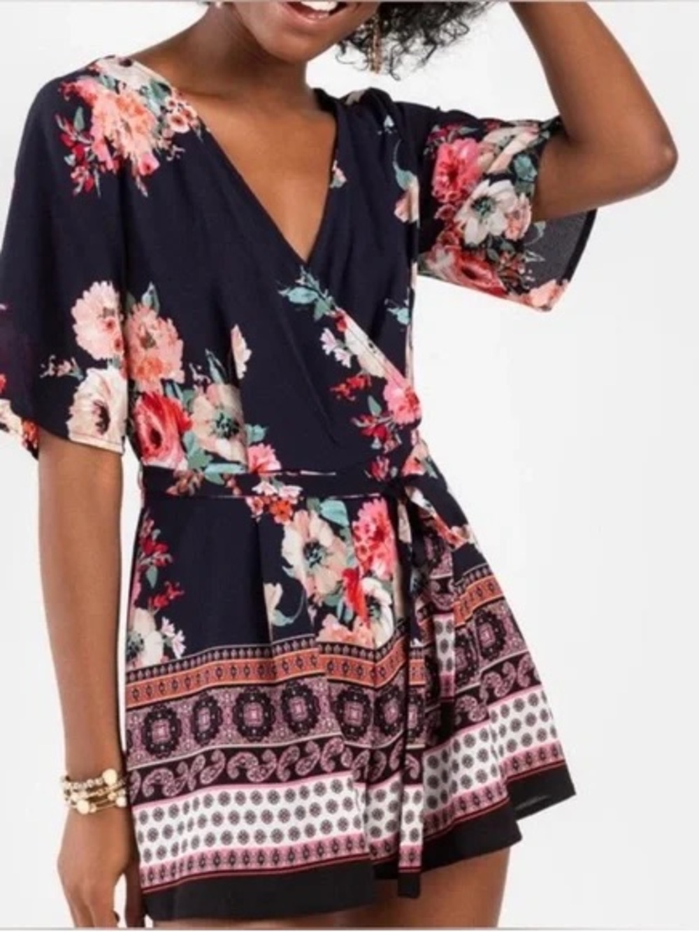 Three Pink Hearts Navy Floral Wrap Romper size L